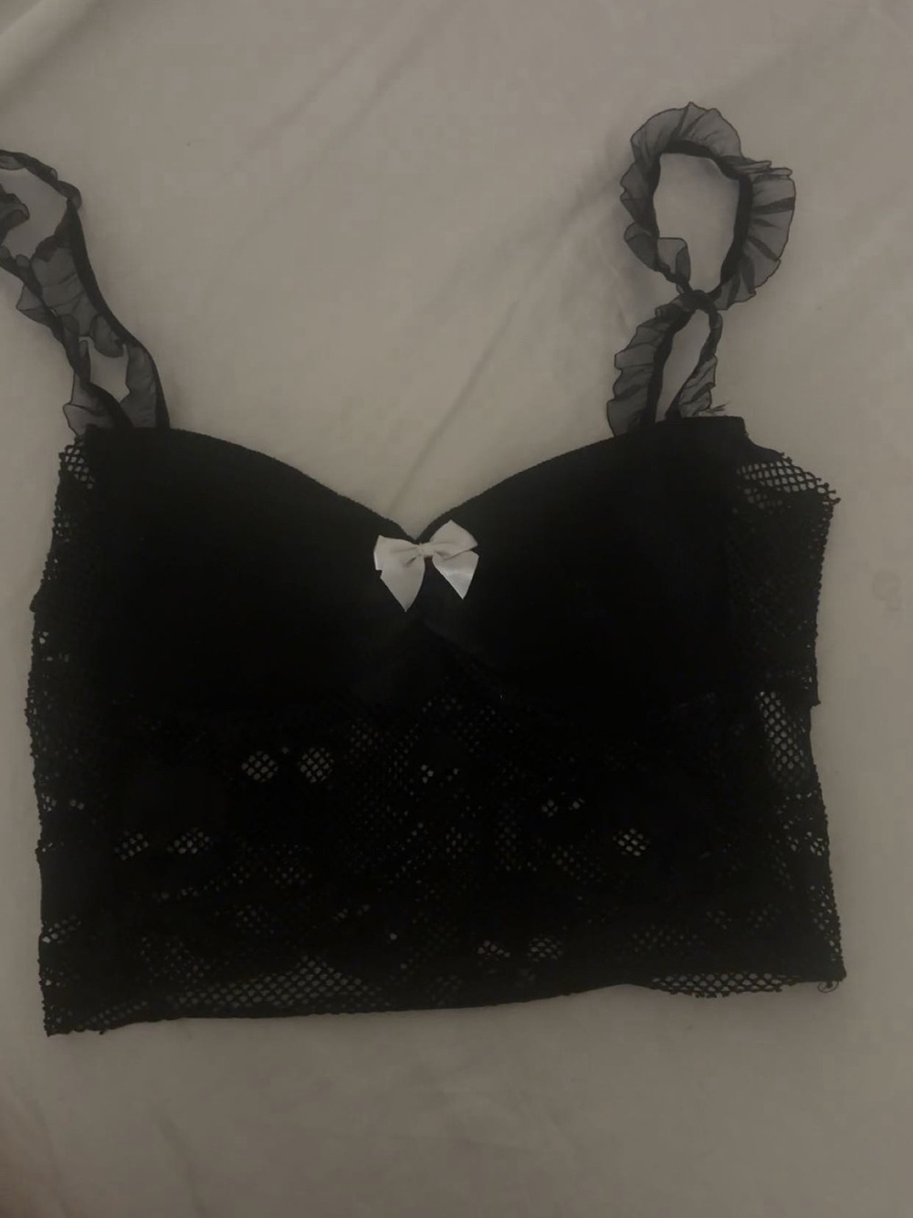 No Boundaries Black Lace Bandeau with Ruffle Straps and White Bow